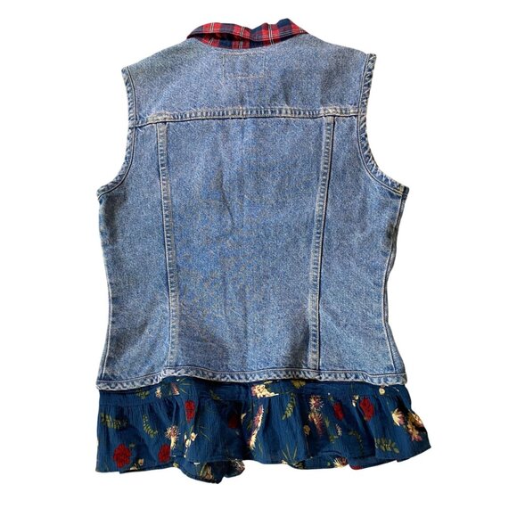 Vintage Paris Blues Denim Vest Plaid Collar & Floral Hem Large - Picture 2 of 8